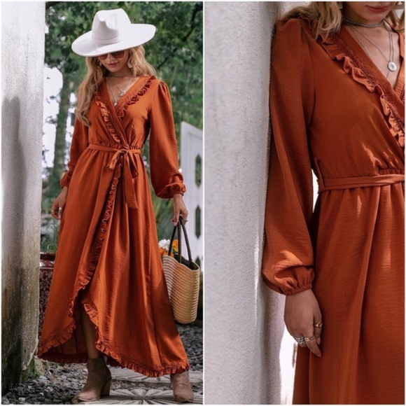 Bohemian Rust Orange Ruffle Wrap Maxi Dress Gypsy - Picture 12 of 13